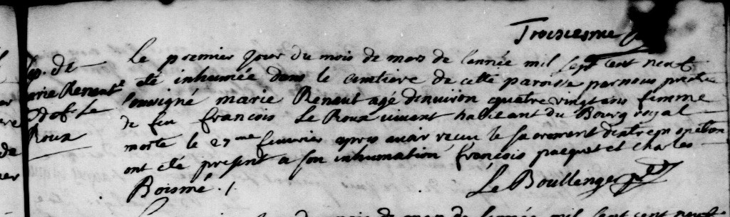 Fac-similé de l'acte de sépulture de Marie Renaud 1709